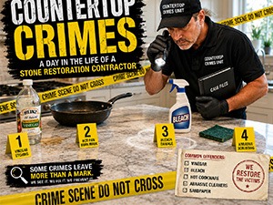 Infographic: 'Countertop Crimes'—a day in the life of a stone restoration contractor, showing a worker at a crime-scene setup with numbered clues and a safety-tape theme.
